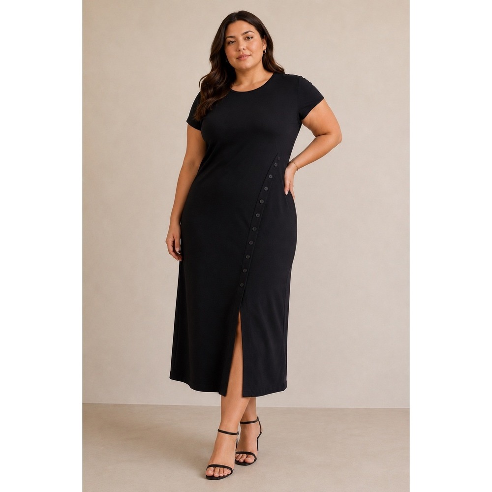 Kaia Black Petite Midi Dress XLP NWT Button Front Minimalist Quiet Luxury